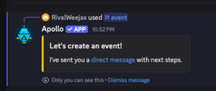 A screenshot shows the direct message link sent by Apollo. 