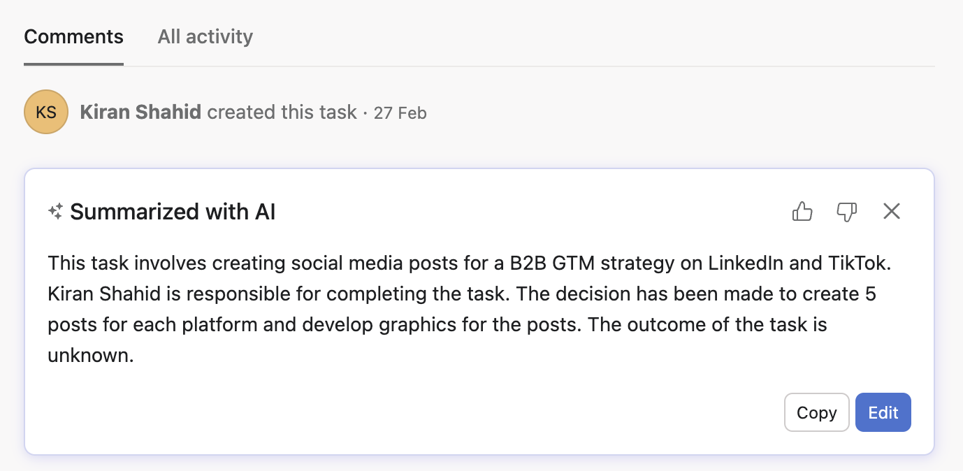 Example of a task summary generated by Asana AI. 