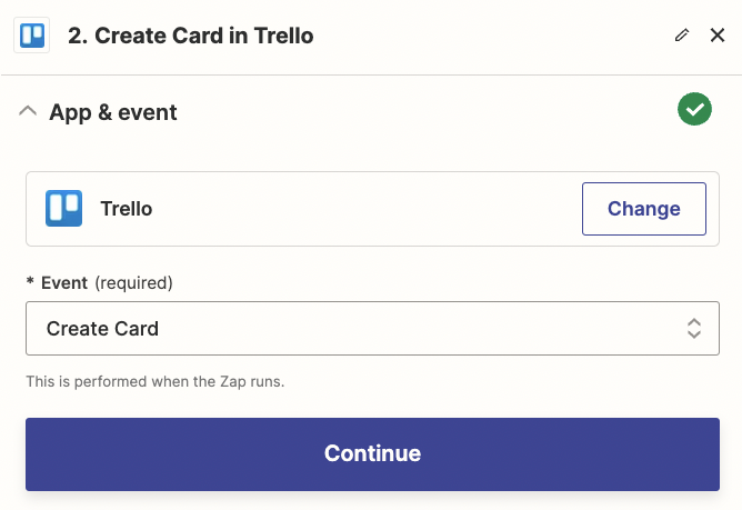 An action step in the Zap editor with Trello selected as the action app and Create Card selected as the action event.