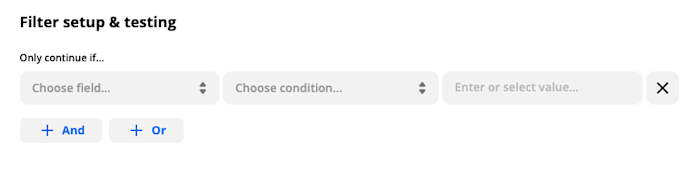 The filter setup step in the Zap editor with two dropdown menus and a fill-in-the-blank field.
