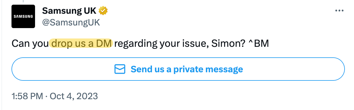 Samsung moving to DM on social for a support issue