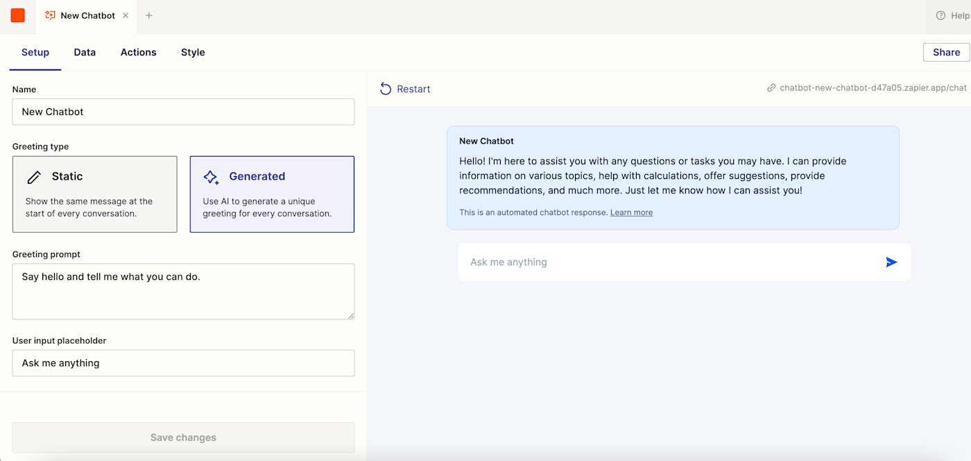 A chatbot interface with the chatbot directive on the right-hand side and an editing panel on the left.