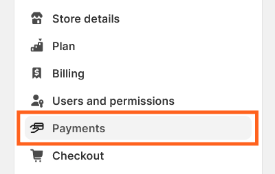 Screenshot of the Settings menu bar with an orange box around "Payments"