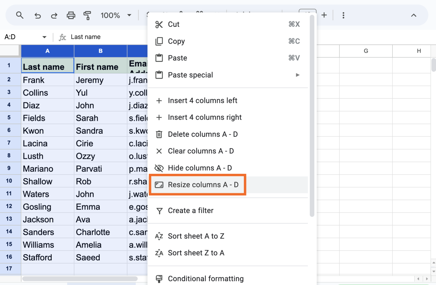 Expanded view of the right-click menu in Google Sheets with the option to resize columns highlighted.