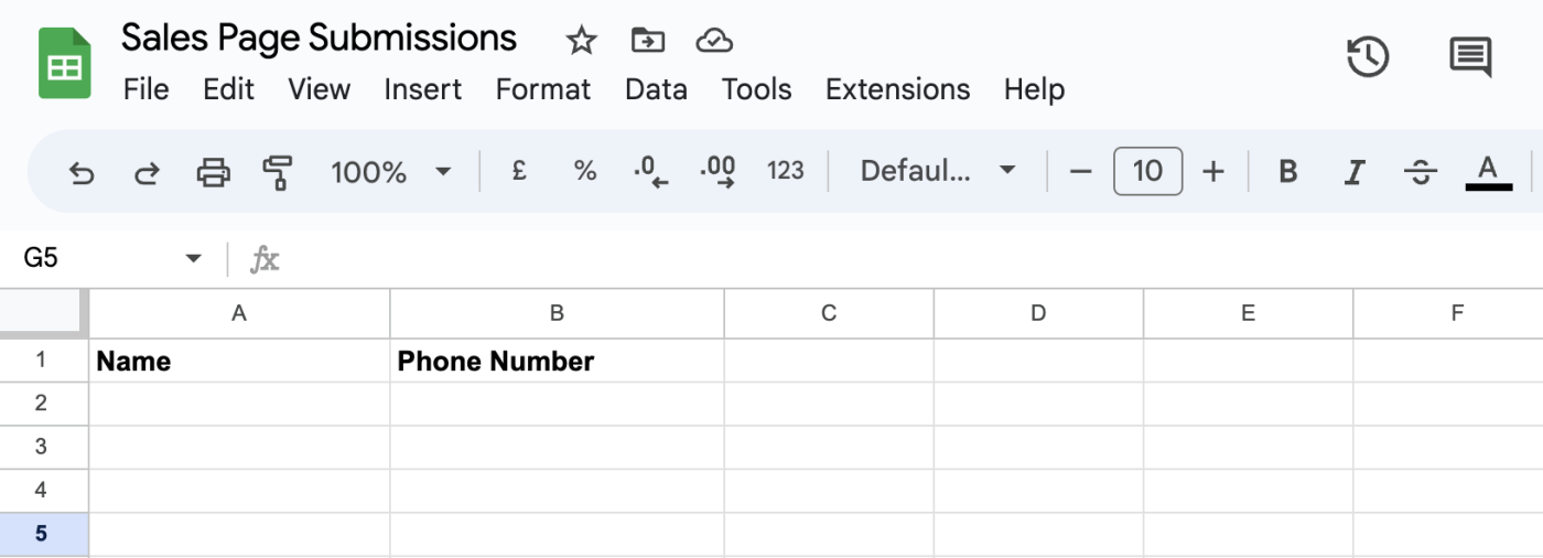 A Google Sheet titled Sales Page Submissions with two columns for Name and Phone Number.