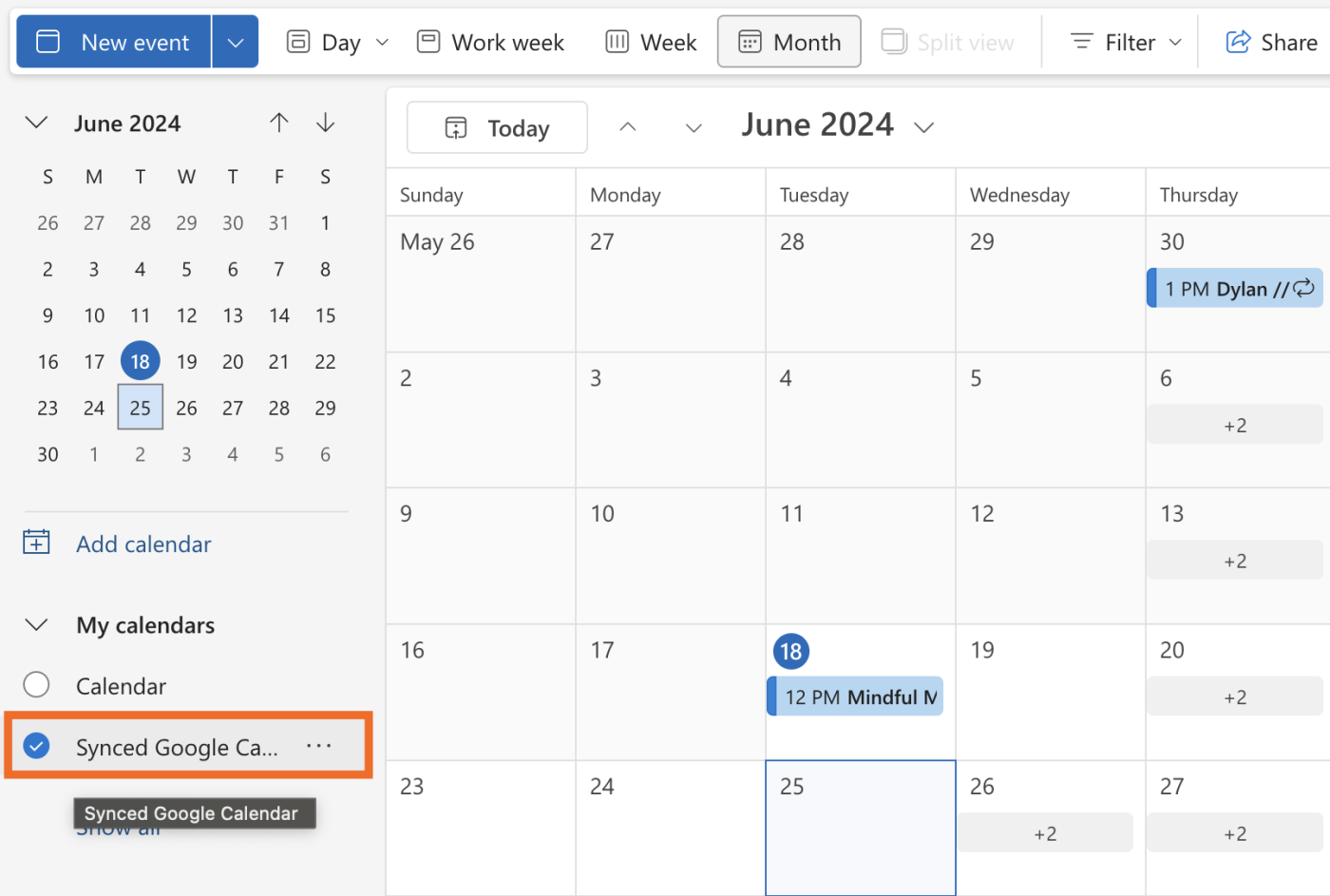 Image showing a synced calendar in Outlook