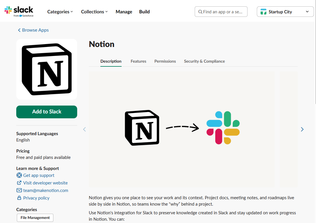 Clicking Add app to add an app to Slack
