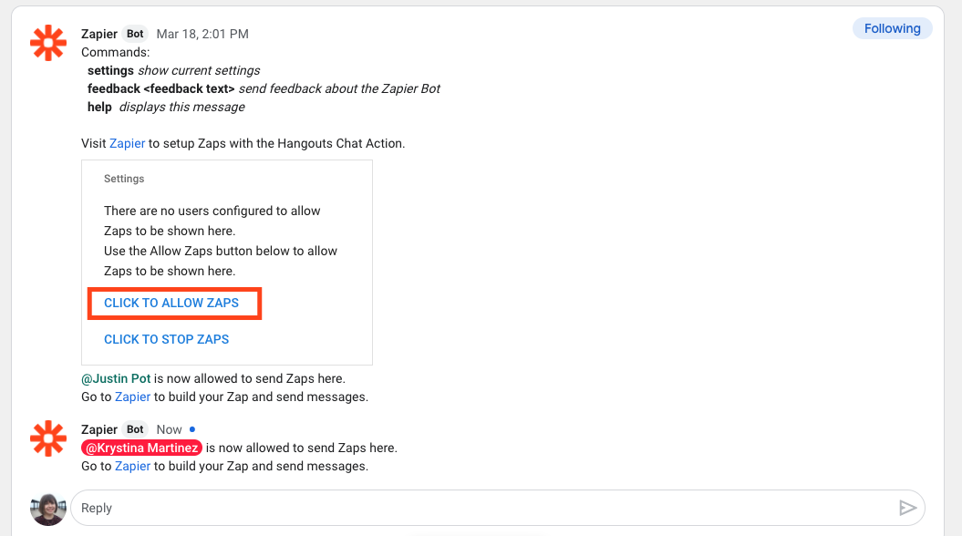 A screenshot of the Zapier bot within Google Hangouts Chat showing user permission settings for allowing Zaps.