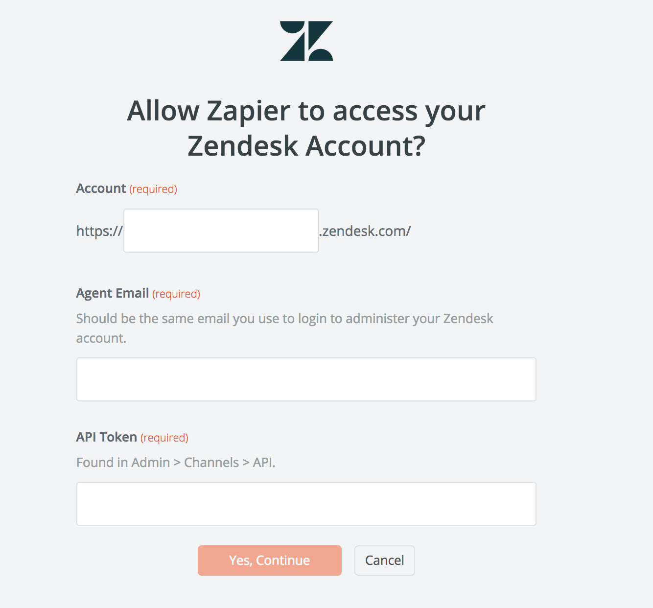 A Zendesk permissions pop-up with the Zendesk app icon and the text "Allow Zapier to access your Zendesk account?".