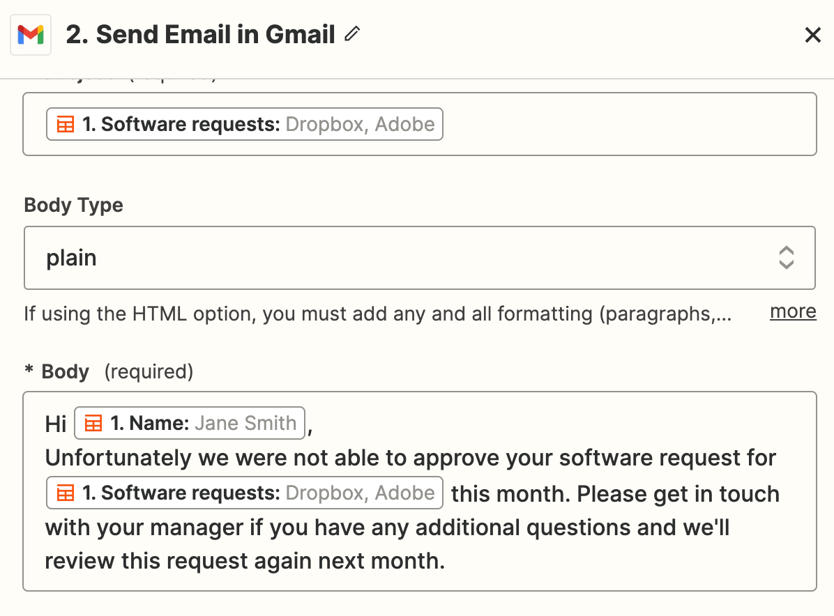 Screenshot of body message in Zap editor