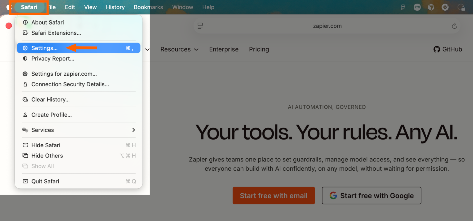 Expanded view of the Safari menu bar with settings highlighted.