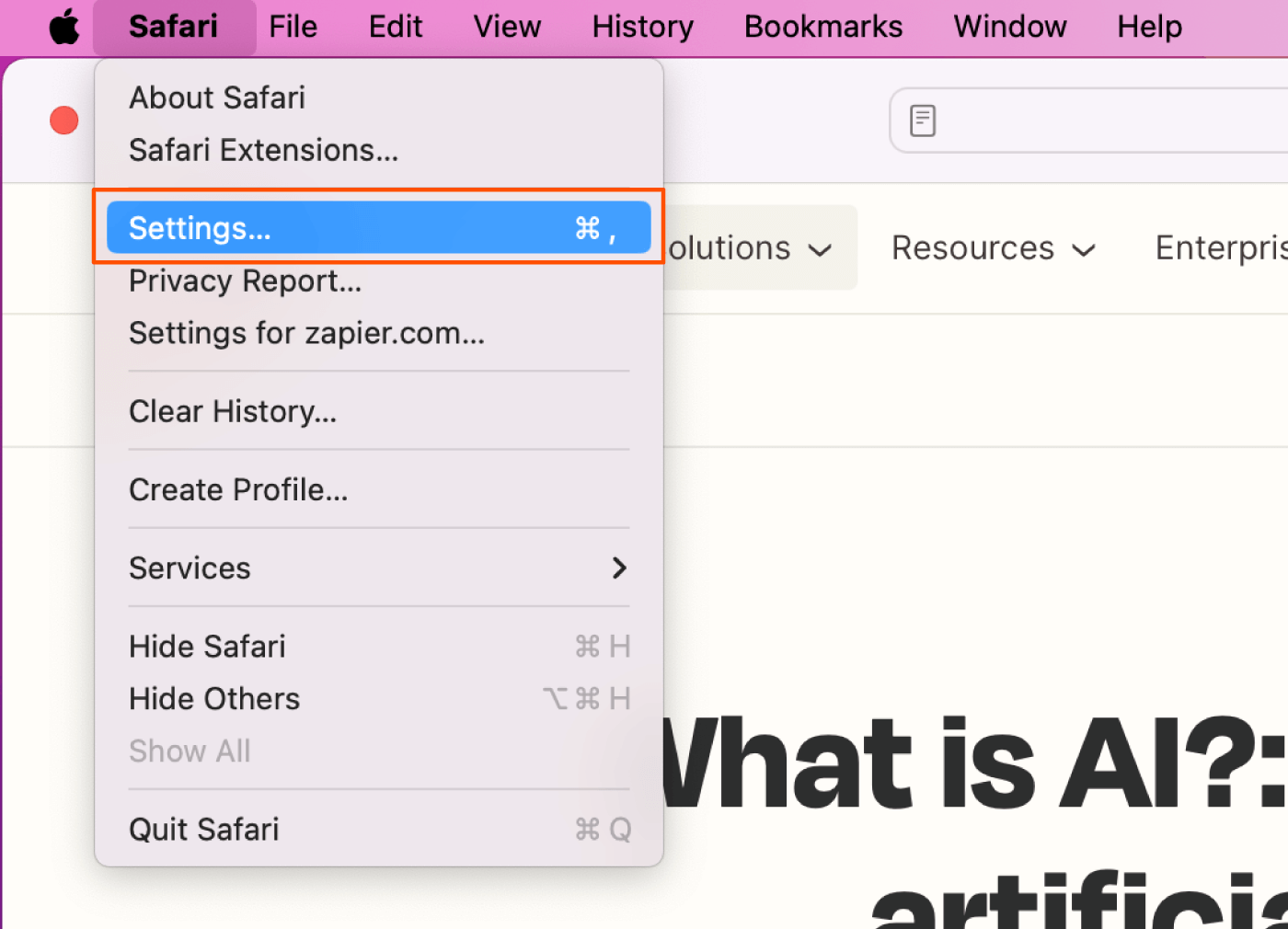 Screenshot of the writer navigating to Settings