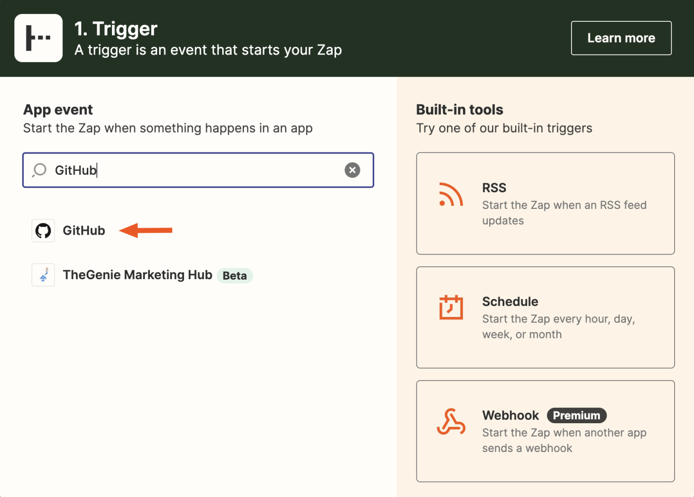 Screenshot of GitHub as the trigger app in the Zapier builder.