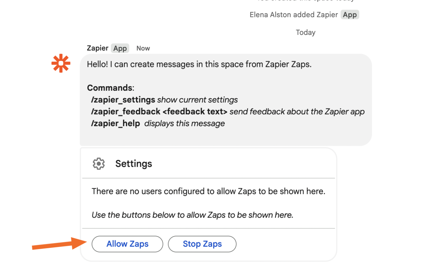 Screenshot of allow zaps button in google chat