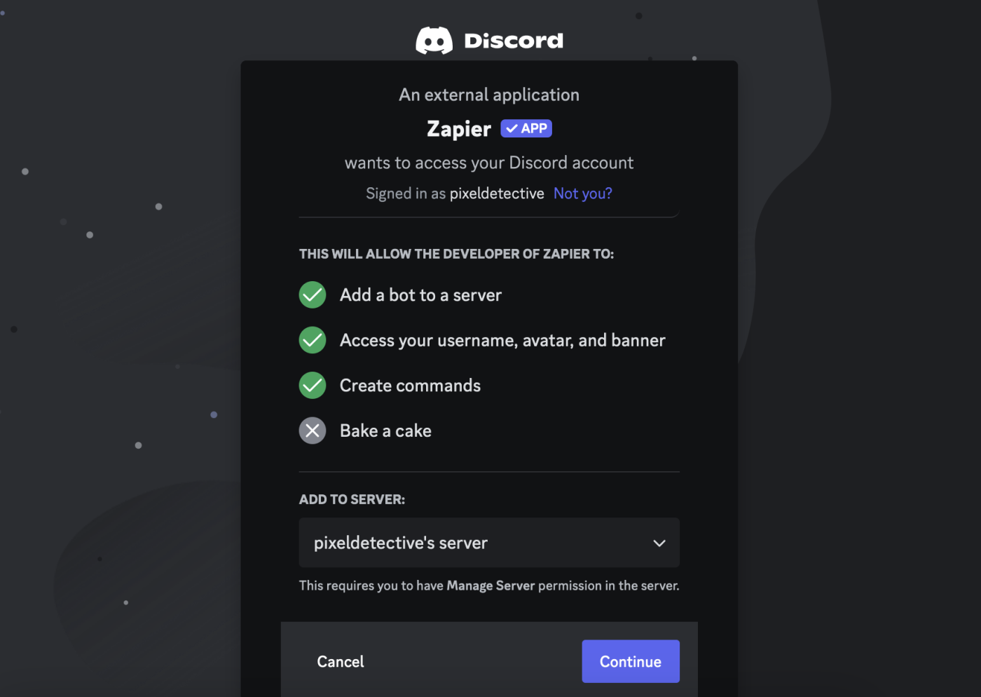 A permissions pop-up asking for permission to access a Discord account.