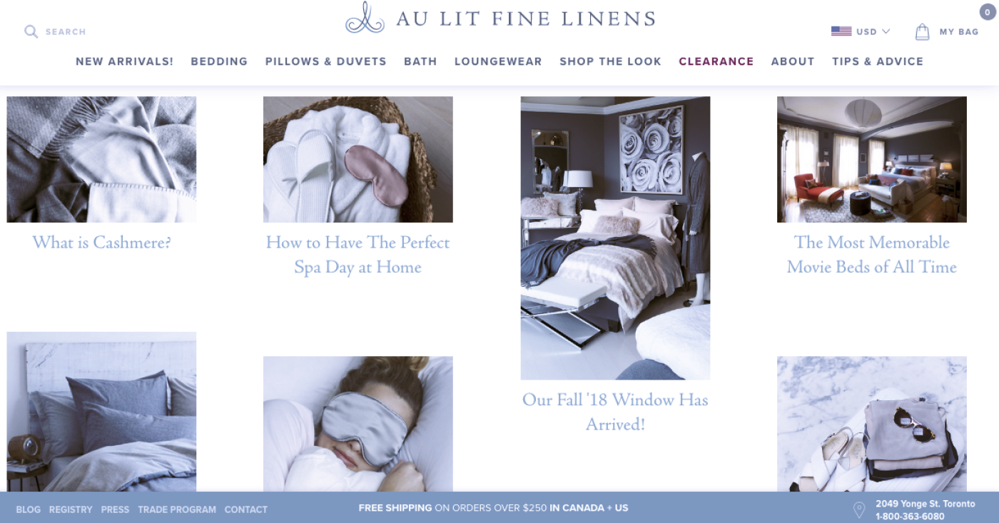 Screenshot of Au Lit Fine Linens blog Between the Sheets