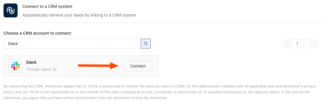 An arrow points to a button reading "Connect" to the right of the Slack app icon and name, after typing "Slack" into the CRM search field in TikTok Ads Manager.