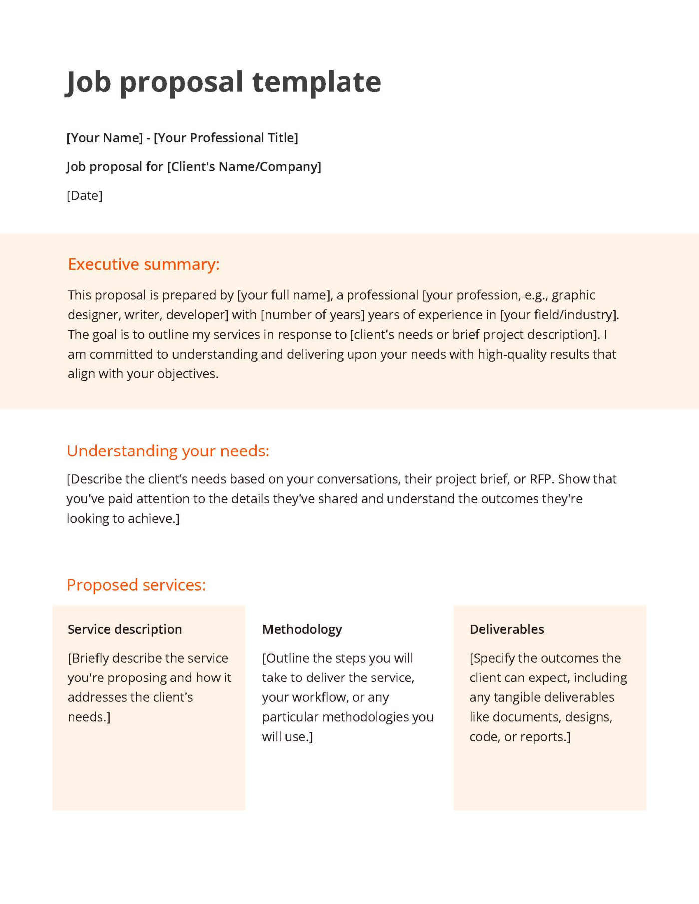 Orange and white job proposal template including an executive summary, understanding your needs and proposed services