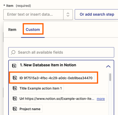 Screenshot of the Zap editor with "Custom" and "ID" circled