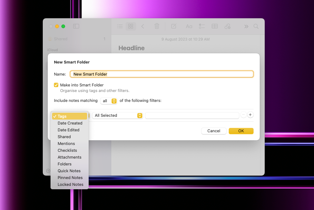 Creating a Smart Folder in Apple Notes