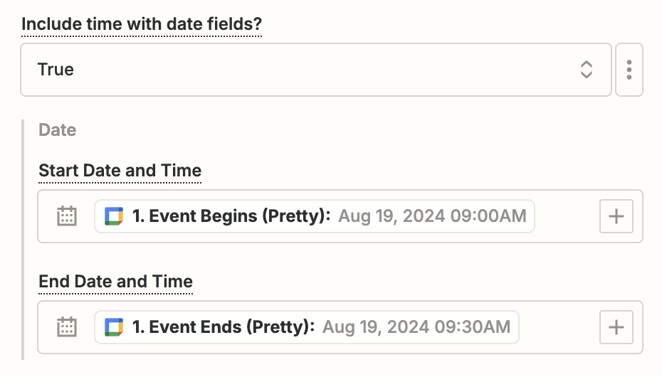 The "Include time with date fields?" field is marked "True." Data from Google Calendar is mapped onto a date's Start and End times.