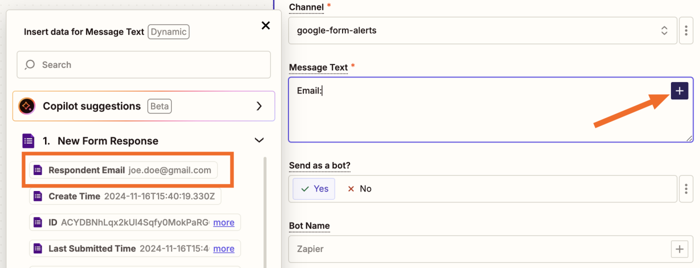 In the Message Text field, the word email has been added. The Insert Data modal is also shown open with a list of data points from the previous Google Forms step.