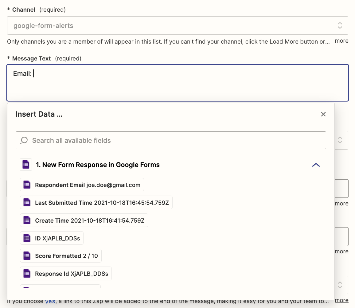 In the Message Text field, the word email has been added. The Insert Data dropdown is also shown open with a list of data points from the previous Typeform step.