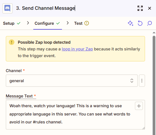A message for a Discord channel that says "Woah there, watch your language! This is a warning to use appropriate language in this server. You can see what words to avoid in our #rules channel."