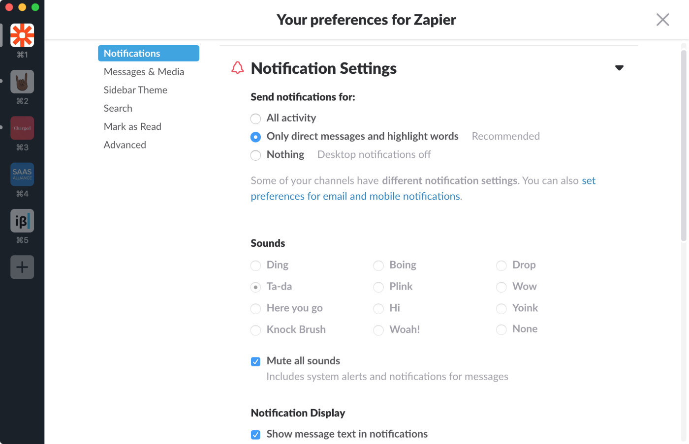 Slack notification settings