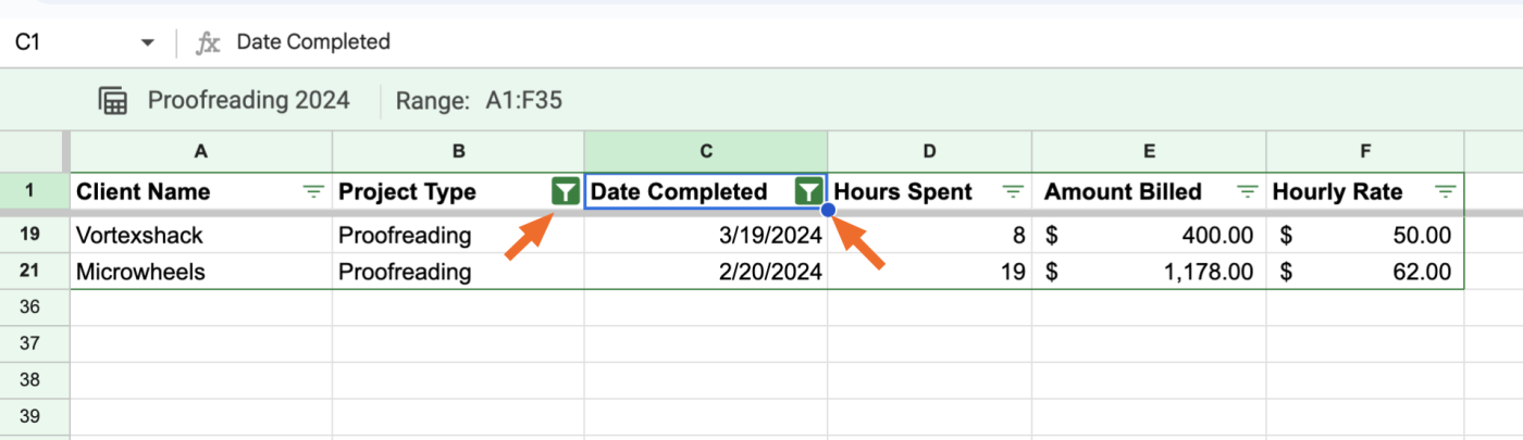 Filtered Google Sheet. There are arrows pointing to the funnel icon in each column that had a filter applied to it.