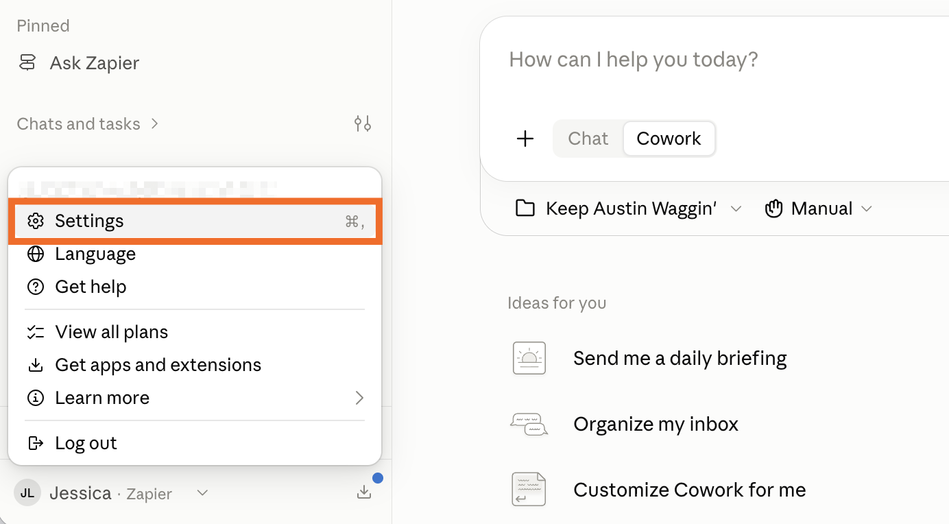 Expanded view of the profile menu in Claude with settings highlighted.
