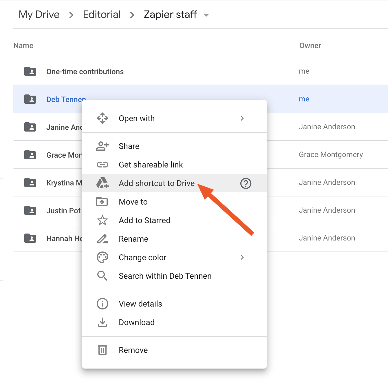 Right-click on the item and select Add shortcut to Drive