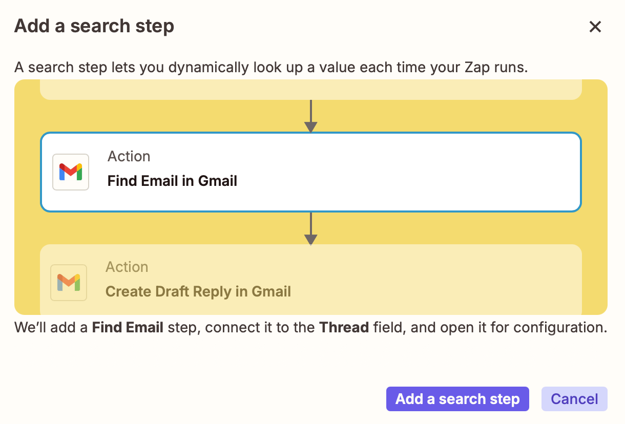 A screenshot that illustrates a workflow with a search step 