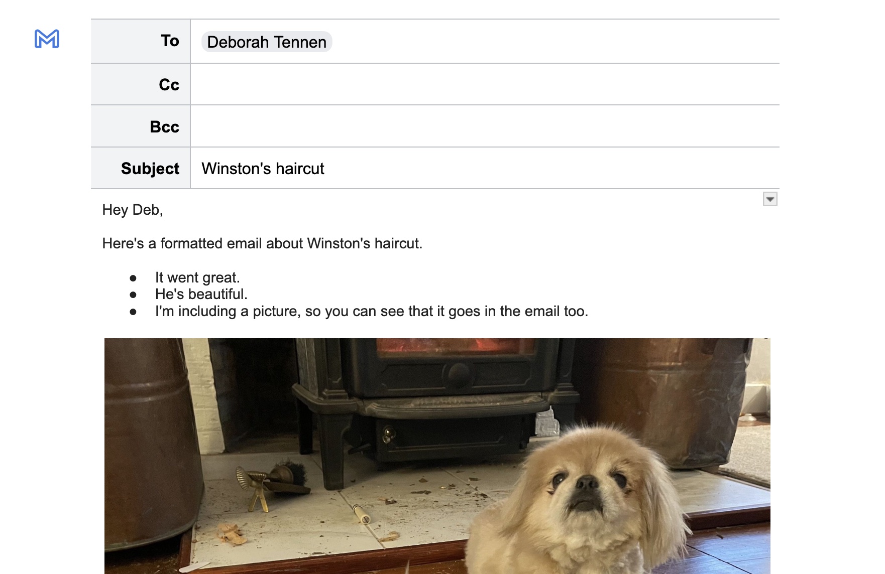 A screenshot of an email in Google Docs, with a recipient and subject line