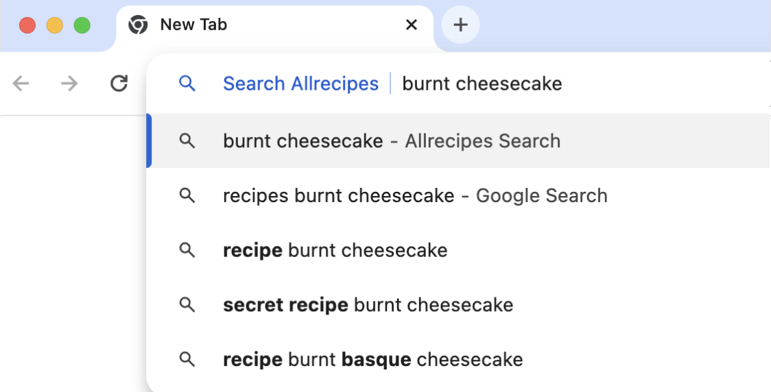 Example of how to search for something using a custom search engine in Google Chrome.
