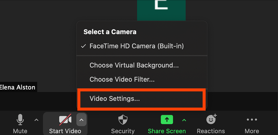 Navigating to the video settings on Zoom