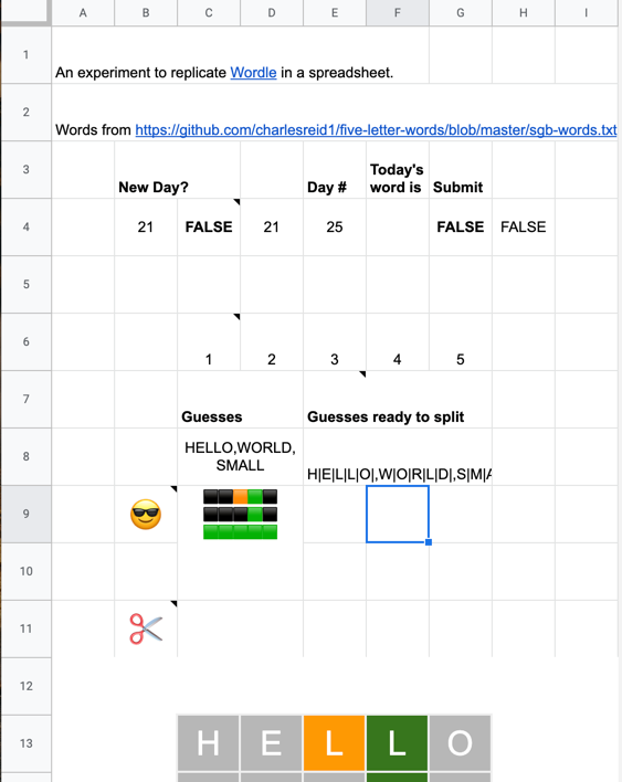 A screenshot of Sheetle with rows 1-11 unhidden, showing the behind-the-scenes work.