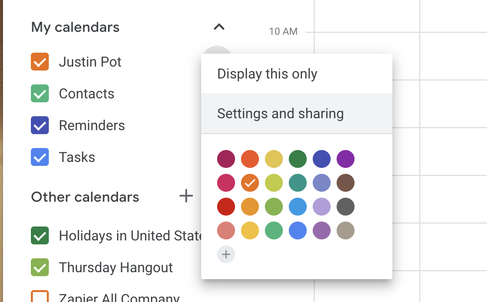 Settings and sharing options for a Google Calendar