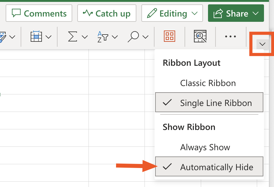 How to hide the ribbon in Microsoft Excel.