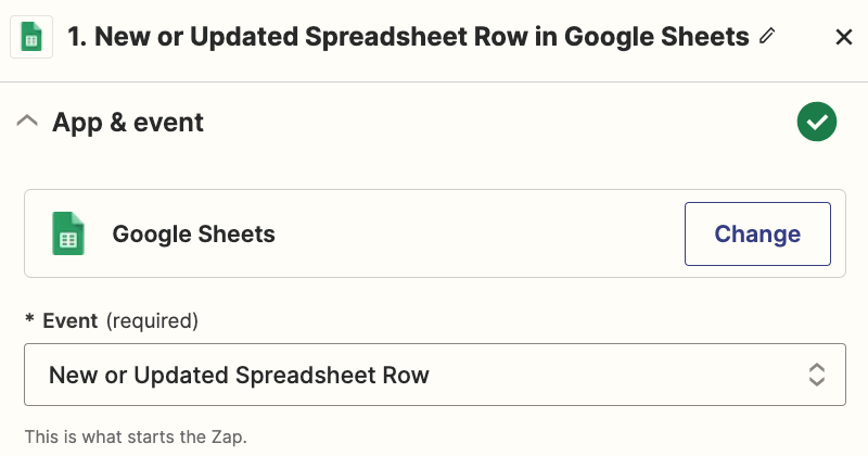 A trigger step in the Zap editor with Google Sheets selected for the trigger app and New or Updated Spreadsheet Row selected for the trigger event.