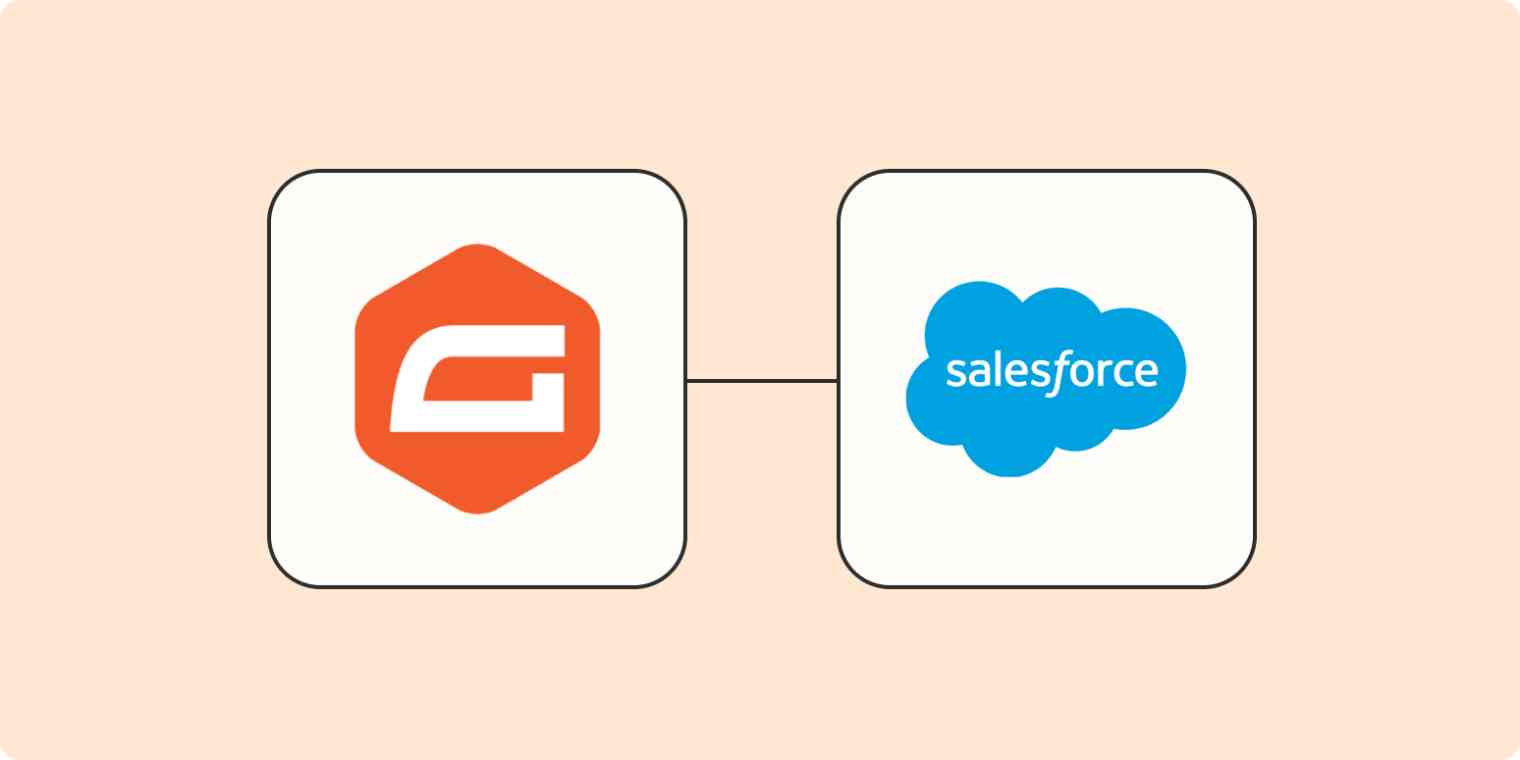 Hero image of the Gravity Forms app logo connected to the Salesforce app logo on a light orange background.
