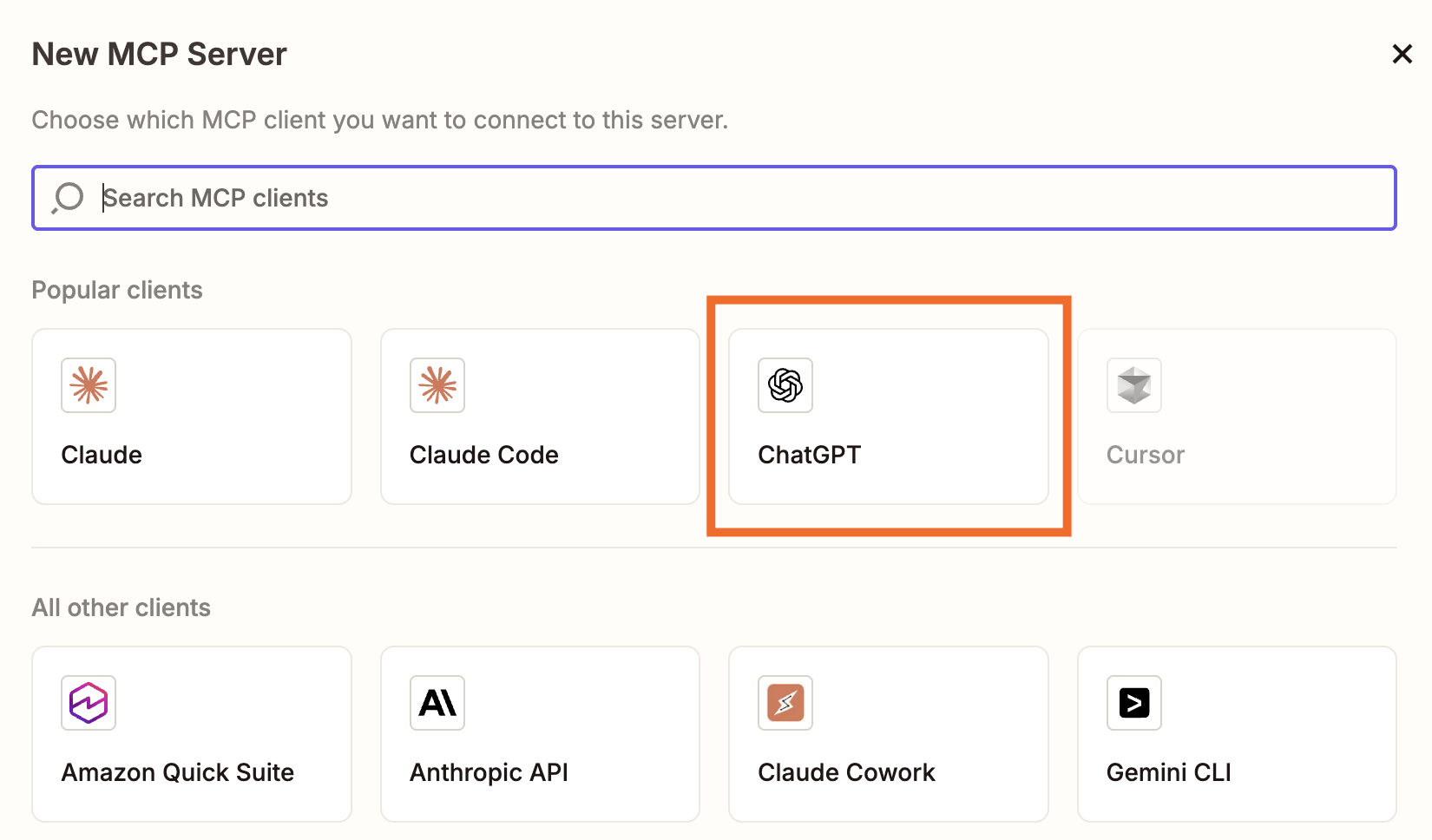 Under New MCP Server, an orange box is shown around ChatGPT.