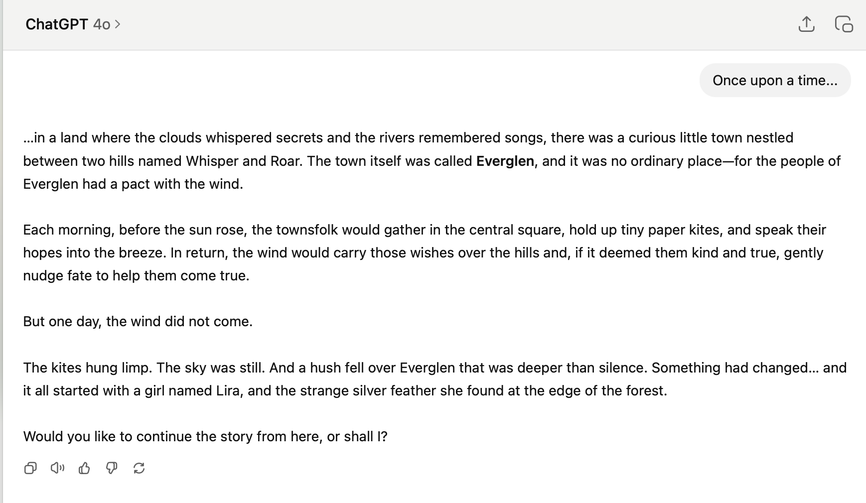 ChatGPT responding to "Once upon a time..." with a fairy tale