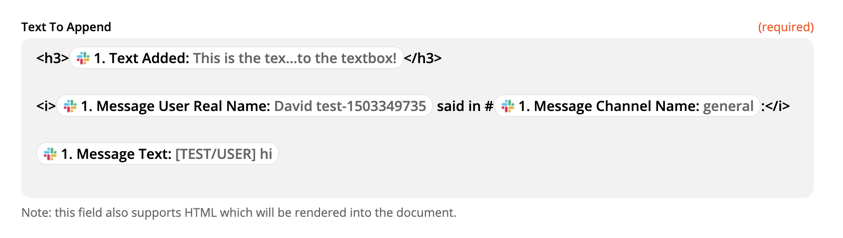 HTML formatting in a Zap, showing tags for headers, <h3>, and italics, <i>, alongside fields pulled in from Slack. 