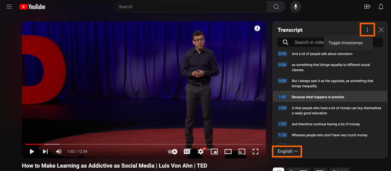 Screenshot of the YouTube transcript on the right side of the screen, with an orange box around a dropdown menu that says "English," where users can select their preferred language