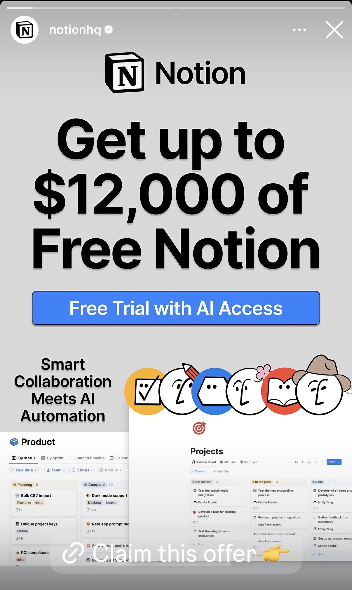 Social media ad example from Notion posted to Instagram Reels. Large text reads get up to $12,000 of free Notion with a preview of example Notion pages.