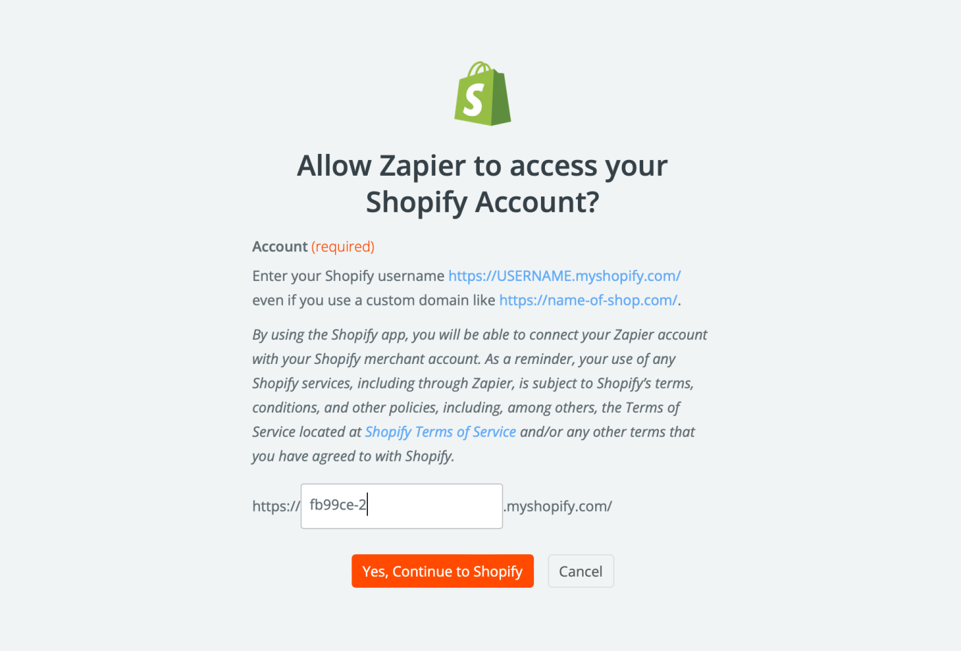 A popup asking for permission to let Zapier access your Shopify account.