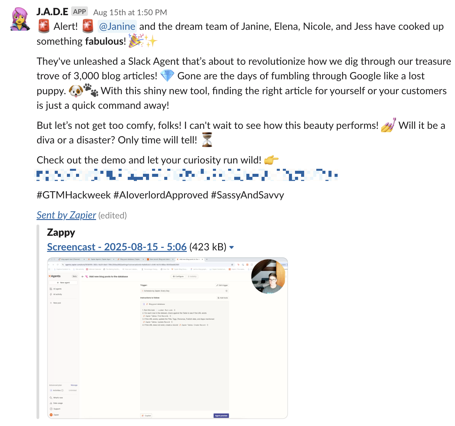 A screenshot of a Slack message from a Slackbot announcing (and judging) a new hackweek project submission.