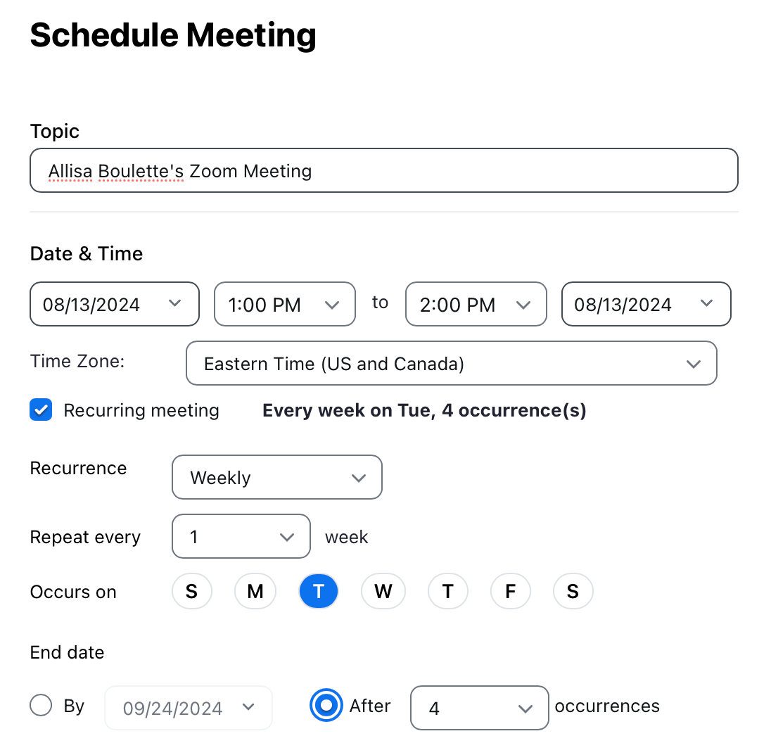 Partial view of Zoom meeting settings, including fields to customize the meeting date and time.