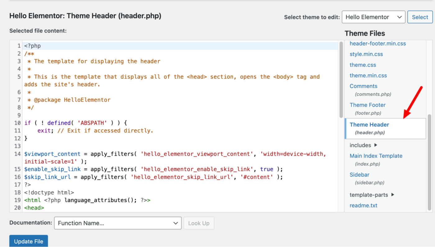 WordPress theme header script. 